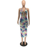 Lace-up halterneck tie-dye dress mid-length skirt summer RM8921
