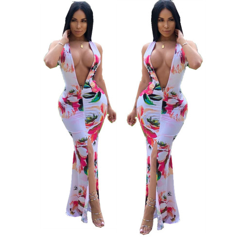 Womens summer deep V-neck split sexy large size printed dress OMM1110