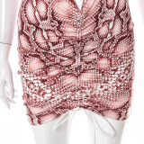 Snake print halterneck short pleated short dress with navel open back A21DS176