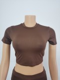 Ladies Fashion Casual Short Sleeve Cropped Top Tight Fit 2 Piece Set FFD1105