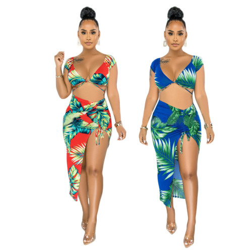 Digital leaf pattern sexy swimsuit two-piece fashion women's suit F065