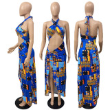 Irregular slit halterneck dress with navel sexy print long skirt DY6645