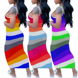 Fashion contrast color stripe print bag hip sexy dress H1655