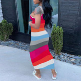 Fashion contrast color stripe print bag hip sexy dress H1655