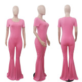 Sporty sexy slim fit solid color big flared jumpsuit F6674
