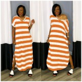 Simple and versatile V-neck long striped dress W2328