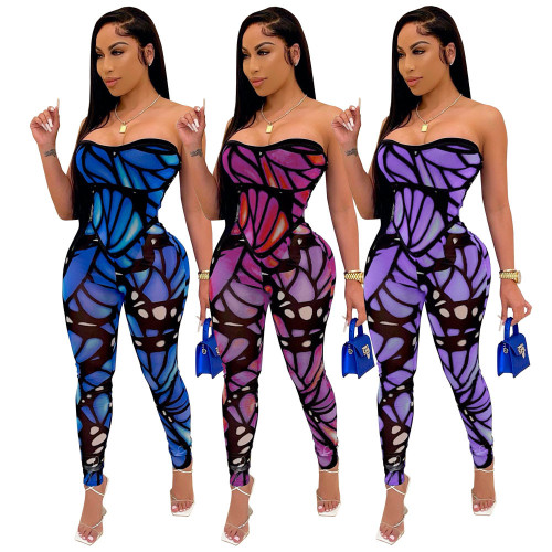 Sexy temperament tube top strapless sleeveless color printed jumpsuit womens clothing M9040