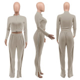Pure color cotton slim-fit zipper irregularly slit hem trousers sports suit M9028