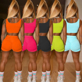 Pure color burnt vest pleated tight shorts sports and leisure two-piece suit M9044