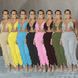 Pure color fashion sexy casual tassel sling halter two-piece suit M9065