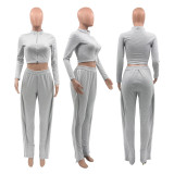 Pure color cotton slim-fit zipper irregularly slit hem trousers sports suit M9028