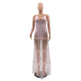 V-neck solid color suspender dress with mesh stitching wood ears M9057