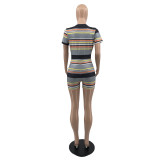 Summer new style color striped thread short-sleeved deep V-neck jumpsuit M9063
