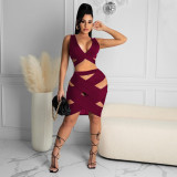 Solid color wispy tight irregular sleeveless V-neck two-piece female M9042