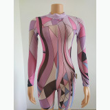 Women's zipper high neck abstract print summer short-sleeved graffiti print jumpsuit FFD1109