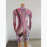 Women's zipper high neck abstract print summer short-sleeved graffiti print jumpsuit FFD1109