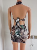 Ladies sexy lace-up top, 2-piece mini printed skirt FFD1088