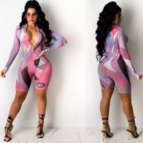 Women's zipper high neck abstract print summer short-sleeved graffiti print jumpsuit FFD1109