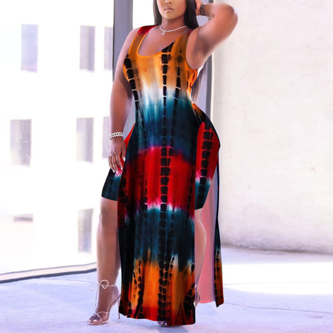 Tie-dye printed round neck loose slit sleeveless dress HR013