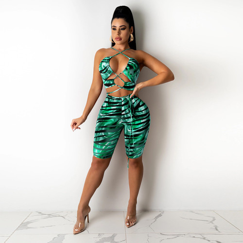 Sexy fashion 2-piece suit with tiger pattern wrapped chest and shoulder drawstring SZ8070