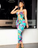 Lace-up halter skinny printed jumpsuit D8263A
