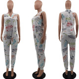 Casual fashion letter printing large size loose deep V jumpsuit ZH8532