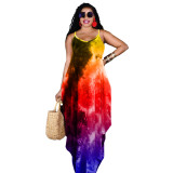 Tie-dye printed loose sling dress long skirt GH037