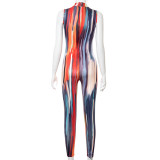 New tie-dye printed sleeveless round collar sexy tight trousers jumpsuit K21JP228