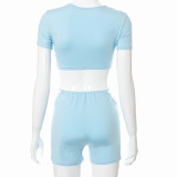 Pure color round neck short-sleeved waist T-shirt slim shorts set X21ST186