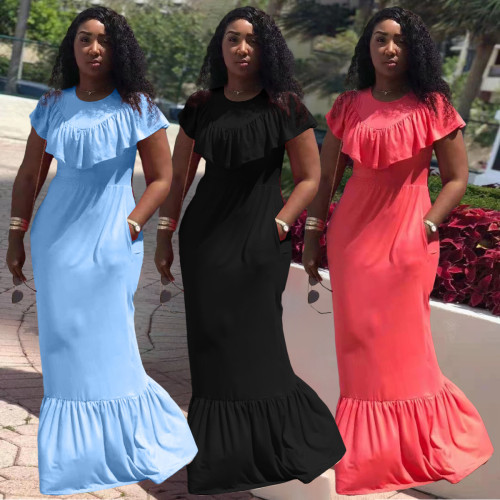 Pure color ruffled fashion slim fishtail hem dress Q7179