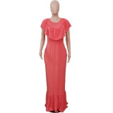 Pure color ruffled fashion slim fishtail hem dress Q7179