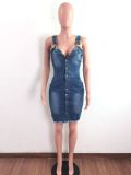 New women's wash water milled white sleeveless sling backless sexy denim dress A3271