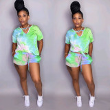 Tie-dye V-neck casual fashion home sports shorts two-piece suit AJ4204