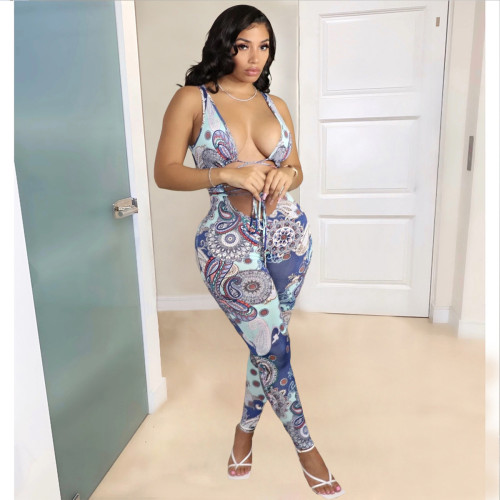 Sexy lace-up paisley print jumpsuit L223