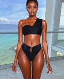 Solid color women's ribbed high waist bikini bottoms with belt DY1066