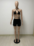Simple and fashionable pure color halter neck double-sided burnt flowers tied rope bikini two-piece set DY1082