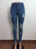 Tight-fitting casual stretch sexy jeans with ripped holes and washed water A3264