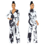 Sexy fashion digital printing long-sleeved V-neck jumpsuit SMR10160
