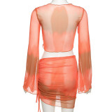 New mesh printed cardigan high waist bag hip skirt casual suit K21S01402