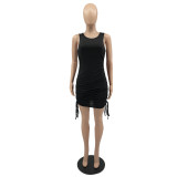 Round neck sleeveless pleated dress solid color stretch slim skirt women's nightclub W8230-1