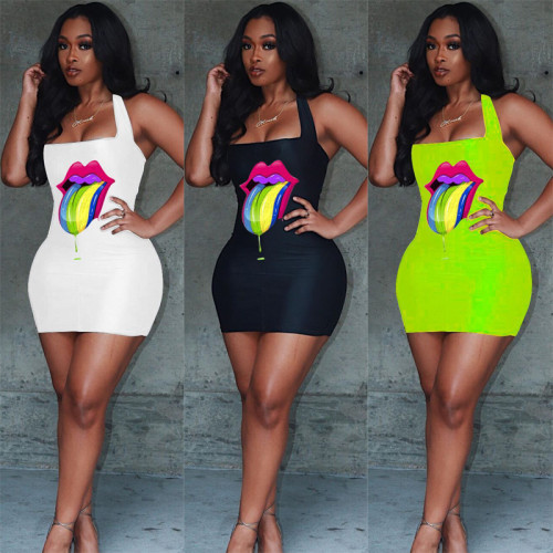 Short colorful lips halter neck strap dress LSN735