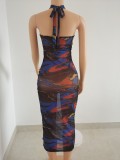 Summer net yarn perspective color matching abstract graffiti print long skirt FFZ1111