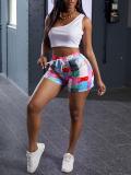 Patchwork printed shorts + solid color one-shoulder T-shirt casual suit F141