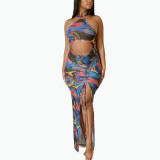 Summer net yarn perspective color matching abstract graffiti print long skirt FFZ1111