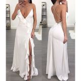 Solid color sexy open back long dress with wooden ears L0172