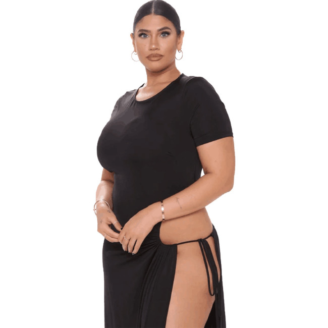 Plus size women's sexy fat lady high slit tie rope dress DN8605