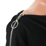 Sexy double zipper oblique shoulder off-shoulder collar solid color jumpsuit GL6118