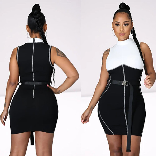 Mid-neck sleeveless short skirt back zipper black and white stitching dress H8937