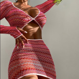 New women's see-through mesh printed T-shirt high waist bag hip skirt casual suit K21S03811