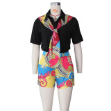 Ladies suit fashion stitching printed shirt shorts set G0390